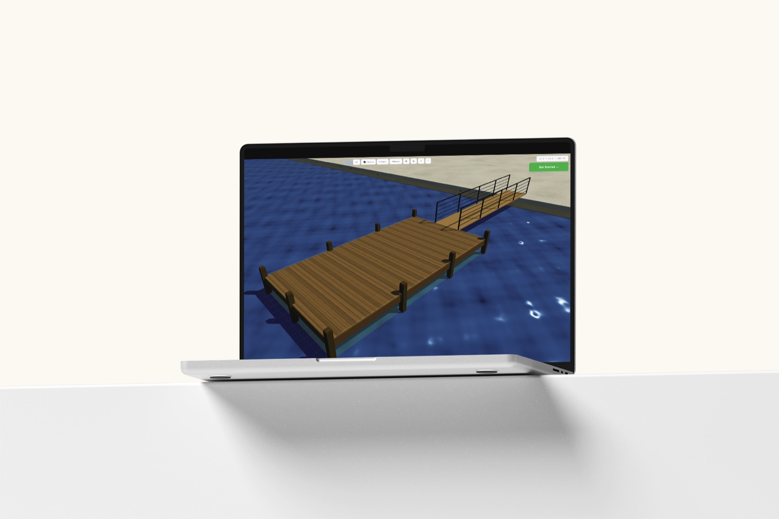 The DockPro 3D dock designer running in a web browser on a laptop