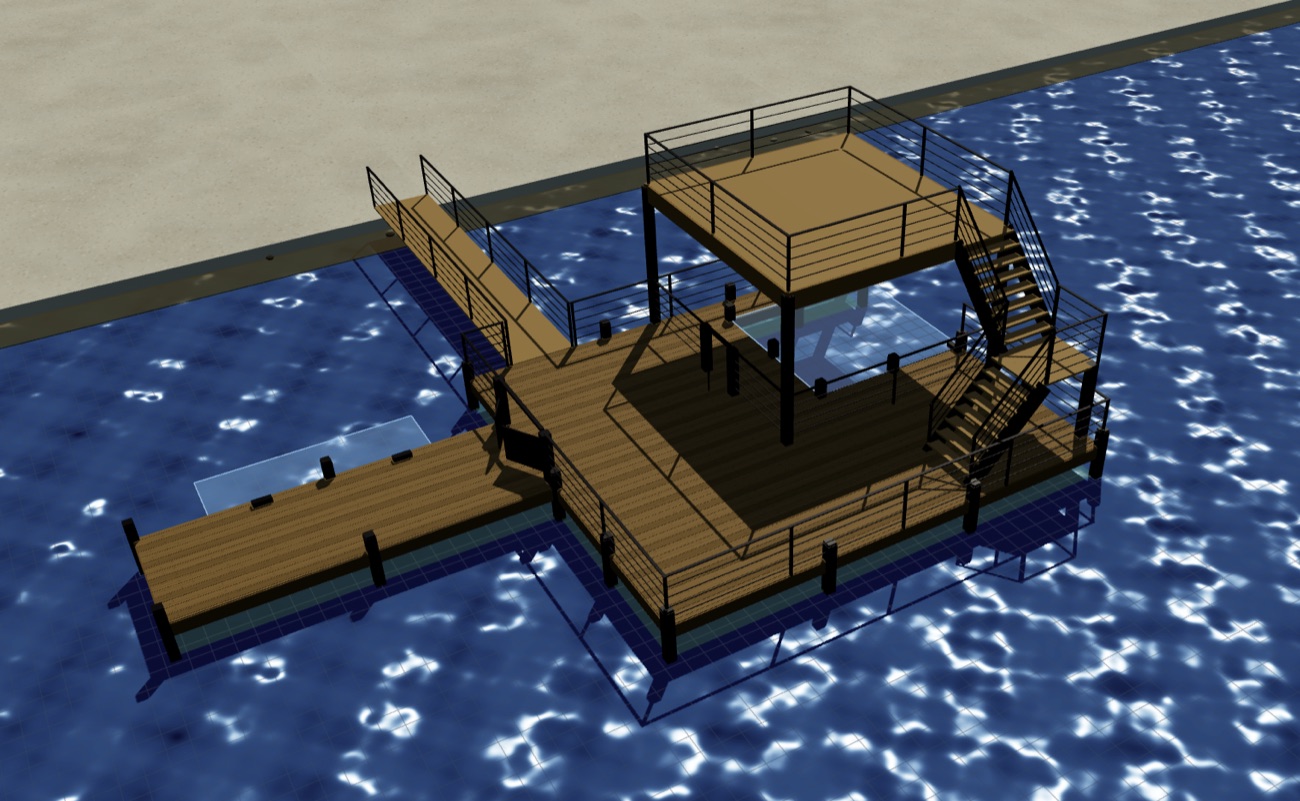 A two-story family dock with sundeck, stairs and railings designed in DockPro