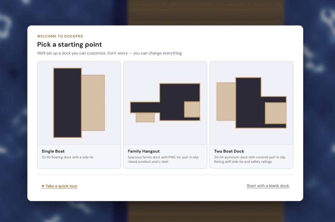 DockPro start screen — pick a dock template